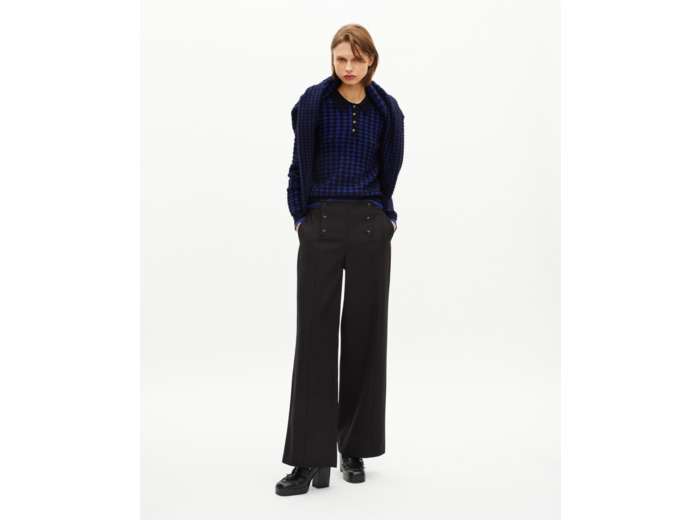 Pull col polo en pied de poule en laine mélangée bleu black navy
