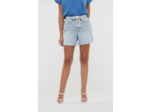 Short en tissu rayé oshkosh, boyfriend fit, taille haute, bas de jambe bord franc, fentes sur les jambes côté, avec ceinture en coton amovible