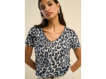 T-shirt col V en lin imprimé léopard