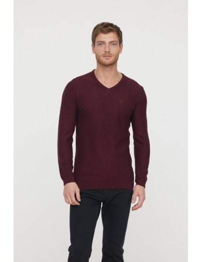 Pull basique col V maille fantaisie en coton bio avec print poitrine