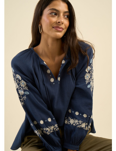 Blouse brodée ample en gaze de coton