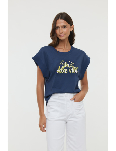 T-shirt sans manche graph et broderie « Dolce Vita »