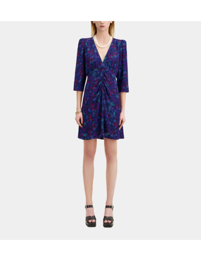 Robe Courte En Soie Manches 3/4 Gigot blue red