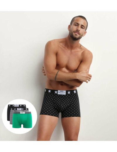 Lot de 3 boxers homme coton stretch à imprimés pois rayures Dim Vibes