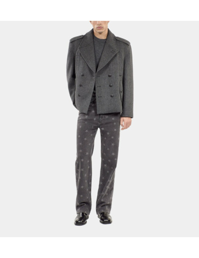 Caban Court En Laine Mélangée Chevron Noire black grey