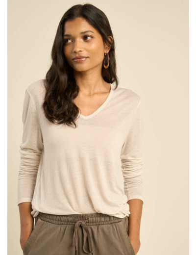 Tee-shirt col V et manches 3/4 en voile de laine
