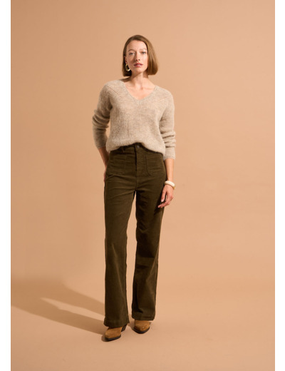 Pantalon large en velours de coton 700 raies taille haute