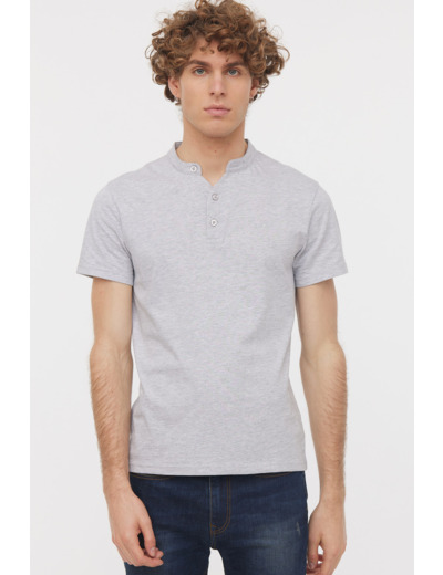 T-shirt Basique col tunisien fantaisie manches courtes en coton bio et print poitrine