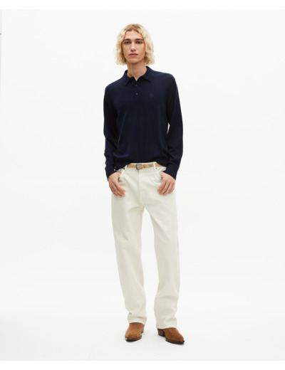 Pull col polo en laine mérinos marine bleu