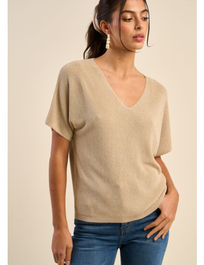 Pull col V manches courtes avec détails fils lurex