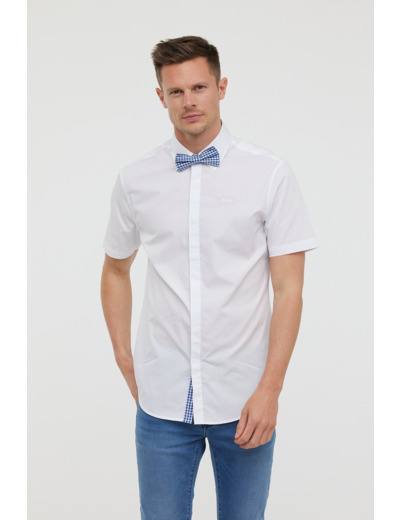 Chemise manches courtes en popeline de coton, boutonnage caché avec détails vichy, broderie poitrine et noeud papillon détachable en vichy