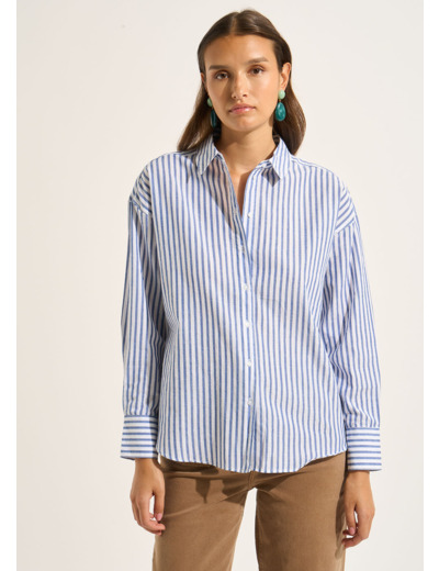 Chemise oversize avec rayures bleues en coton et fibre métallisée à manches longues