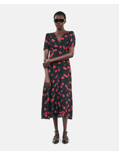 Robe Longue Imprimé Cerise Avec Boutonnage black - red