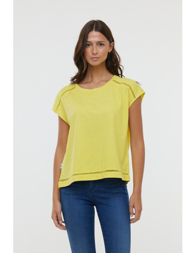 T-shirt manches courtes en coton lin avec détails ajouré