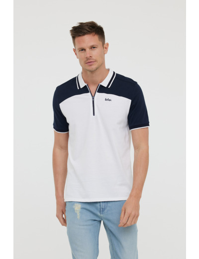 Polo manches courtes zippé avec jeu de découpes et broderie poitrine