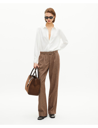 Pantalon tailleur large en pied de poule camel brown
