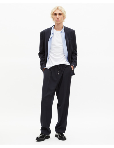 Pantalon élastiqué droit en laine marine bleu