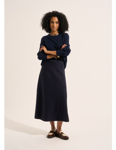 Jupe midi évasée en maille coton et laine