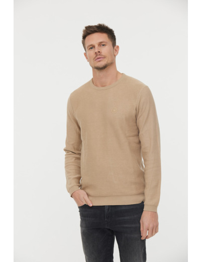 Pull basique col rond maille fantaisie en coton bio avec print poitrine