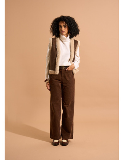 Pantalon large en velours de coton 700 raies taille haute