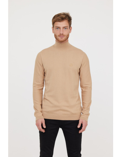 Pull basique col montant avec laine recyclée et print poitrine