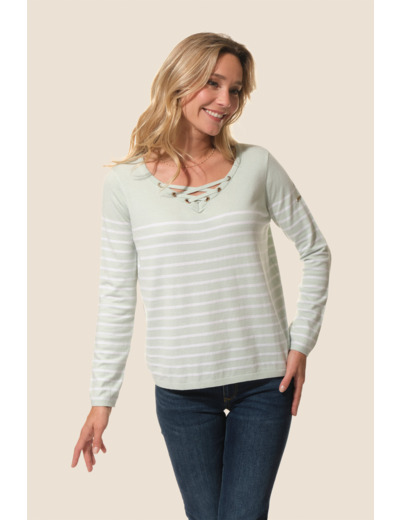 Pull Marinière femme VISCOSE à lacet Blanche