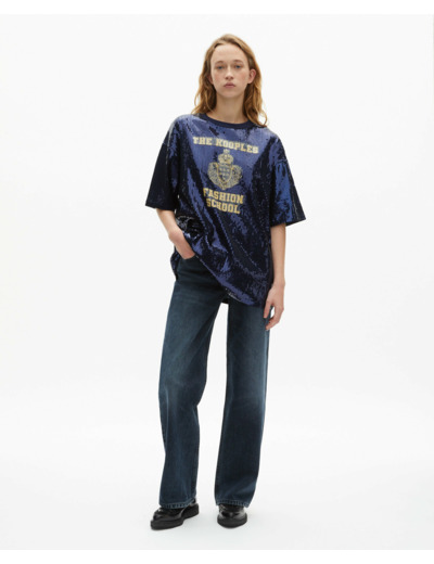 T-shirt manches courtes a sequins et print dark navy