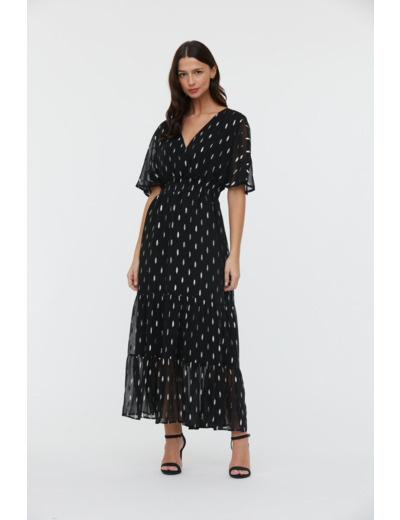 Robe longues manches chauve souris tissu plumeris lurex argenté