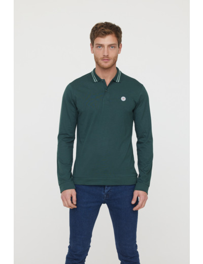 Polo manches longues en coton jersey avec badge poitrine et détails col