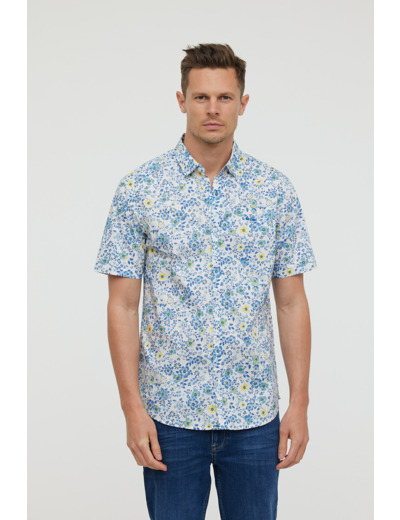 Chemise manches courtes, imprimé fleurs et broderie poitrine