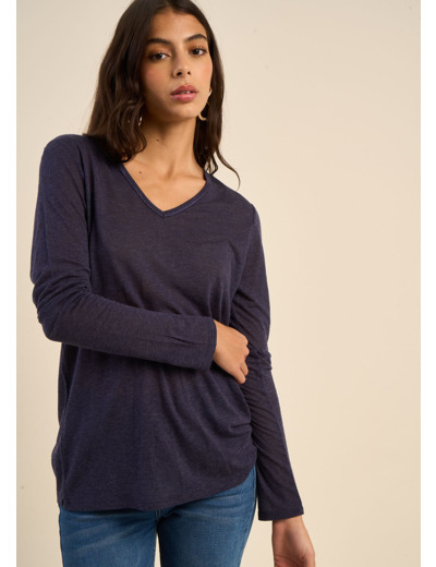 Tee-shirt col V et manches 3/4 en voile de laine