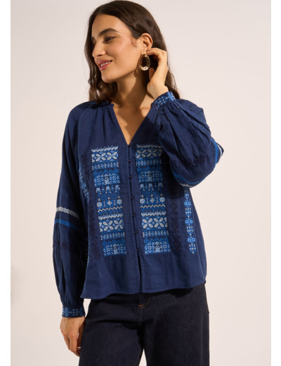 Chemisier en coton brodé et avec manches longues bouffantes