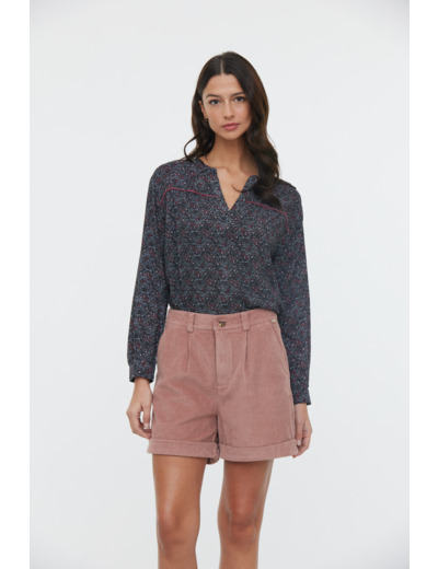Blouse en viscose imprimé micro fleur manches 3/4 et detail piping en velours