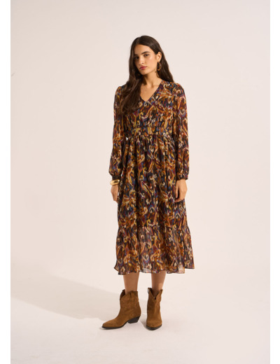 Robe longue imprimée avec un col V et des manches longues bouffantes