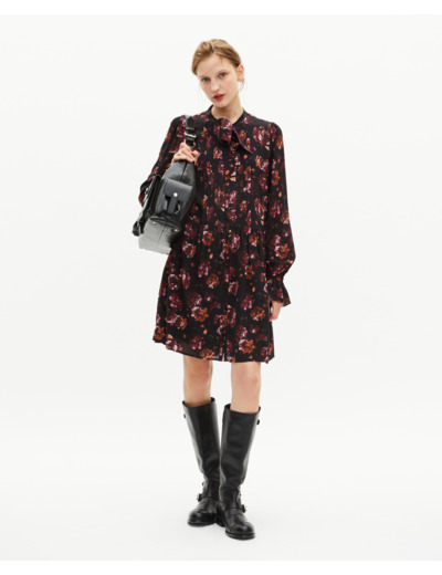 Robe courte imprimé fleuri en soie mélangée bordeaux black
