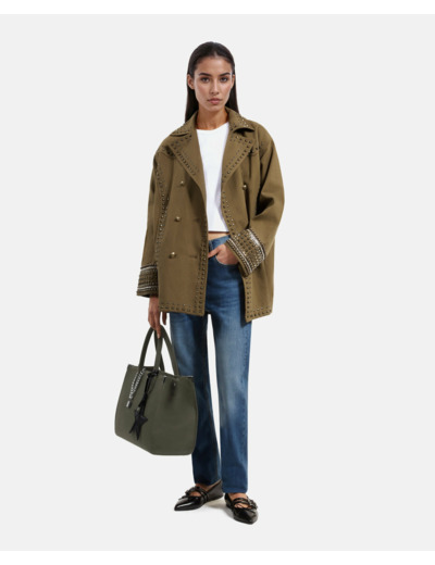 Blouson denim delave avec stud kaki