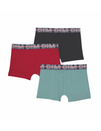 Lot de 3 boxers garçon en coton stretch Rouge Bleu Vert EcoDim Classic