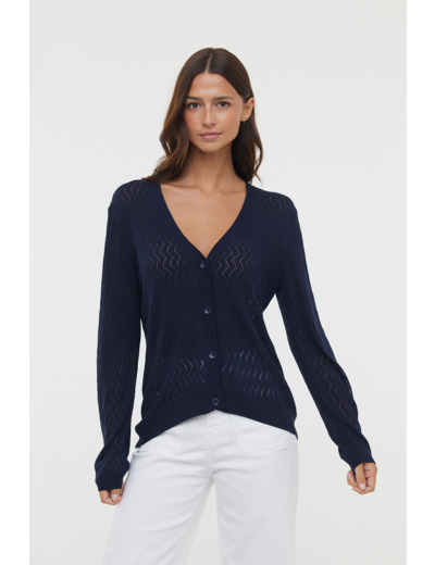 Cardigan en maille ajourée de viscose, col V avec fermeture boutonnée, manches longues