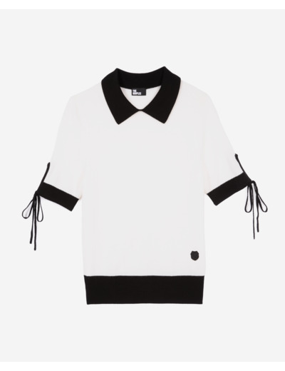 Pull manches courtes en laine écru black-ecru