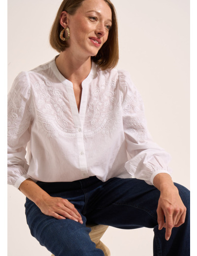 Chemise ample en voile de coton brodé et col tunisien
