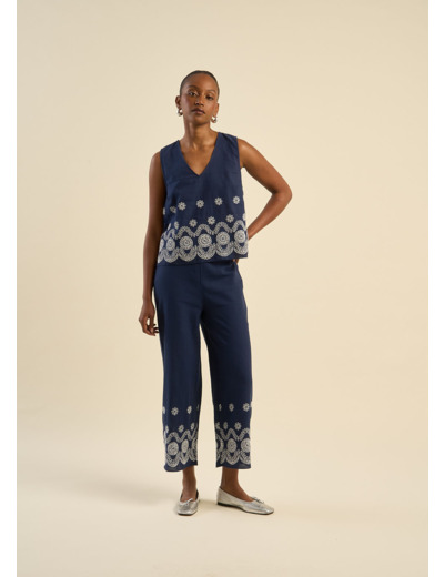 Pantalon taille haute 7/8 brodé