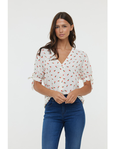 Chemise en viscose, manches courtes bouffantes nouées en bas de manche, col V et fermeture boutonnée, imprimé « Oranges »