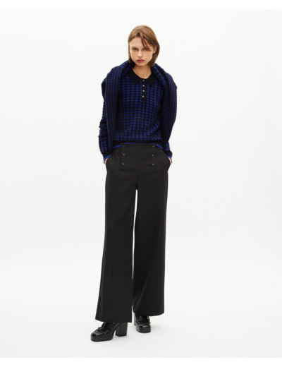 Pull col polo en pied de poule en laine mélangée bleu black navy