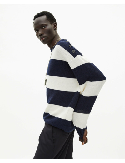 Pull mariniere detail ouverture col ecru navy