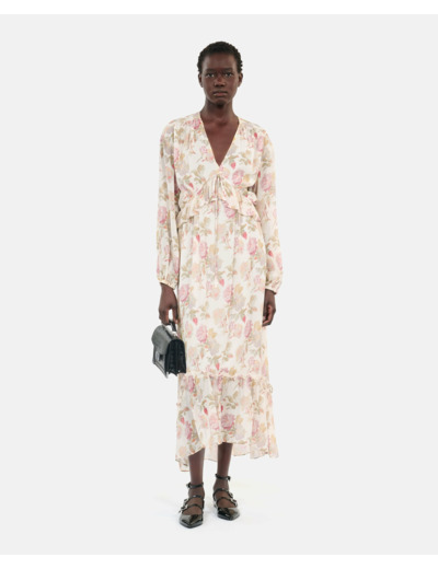 Robe courte imprimée en soie beige / red