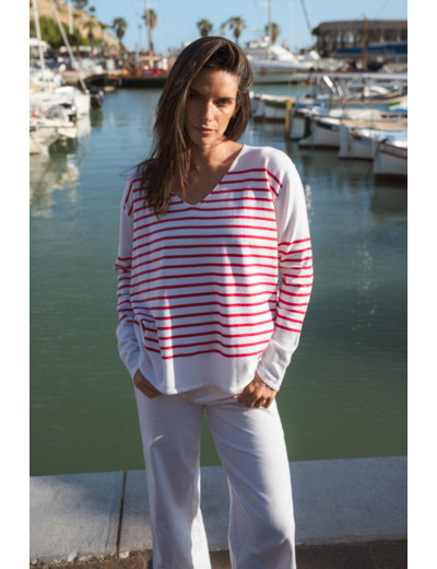 Pull femme rayé col V en viscose - Marise
