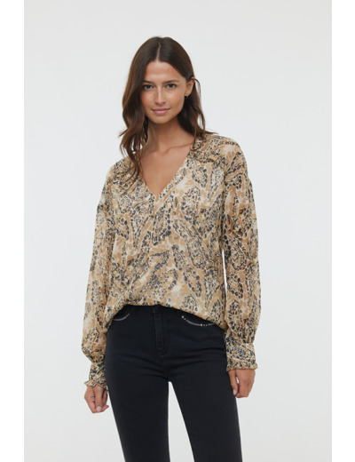 Blouse ample allover « imitation peau de serpent », manches longues bouffantes, col V, en tissu chiffon en polyester recyclé