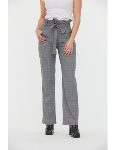 Pantalon fluide "paper bag" ceinturé carreaux, jambe droite légèrement évasée, taille medium