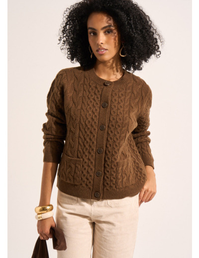 Gilet cardigan torsadé en laine avec poches plaquées