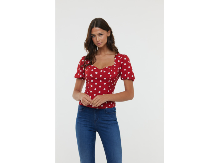 Top esprit corsage élastiqué côté avec manches courtes bouffantes et tissu pois en viscose